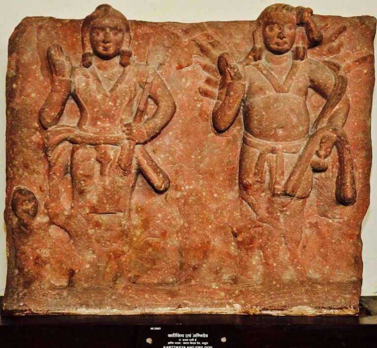 Karttikeya_and_Agni_-_Circa_1st_Century_CE_-_Katra_Keshav_Dev_-_ACCN_40-2883_-_Government_Museum_-_Mathura_2013-02-23_5717